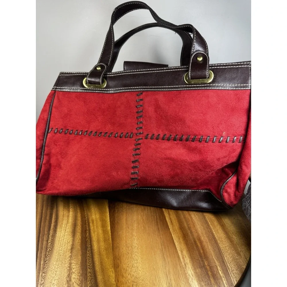 Tommy Hilfiger Medium Size Suede Red ‎ Handbag Purse w/ Espresso Leather Accent